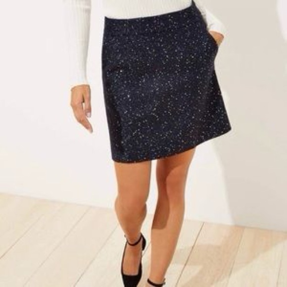Loft Sequin Tweed Pocket Shift Skirt in navy blue